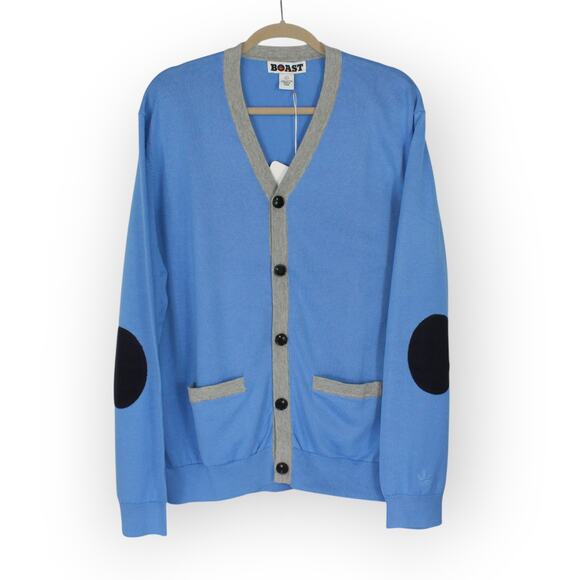 NEW Large BOAST USA Cardigan CarolinaBlue Cotton Patch-Elbows Pockets LeafLogo - Picture 2 of 12